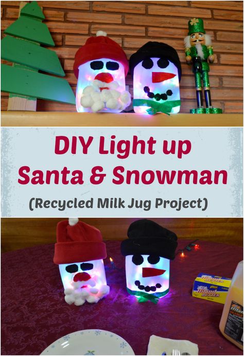 Create simple DIY Light up Santa & Snowman decorations using recycled Hiland Dairy milk jugs, felt, cotton balls and hot glue. Very inexpensive, easy and fun Holiday decoration. #ad #HilandHolidays Christmas Milk Jug Crafts, Milk Jug Crafts For Christmas, Milk Jug Christmas Crafts, Milk Jug Christmas Decorations, Dairy Activities, Milk Jugs Christmas, Milk Jug Projects, Light Up Snowman, Milk Jug Crafts