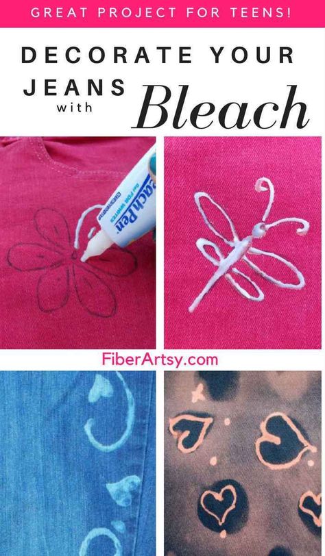 Bleach Pen Fun! Learn how to dress up and decorate Fabric and Jeans with Bleach and Bleach Pens - A Fiberartsy.com craft diy Tutorial Decorate Jeans Diy, Bleach Pen Designs, Denim Embellishment, Dance Asks, Wearable Crafts, Jean Ideas, 4h Projects, 4h Ideas, Shirt Crafts