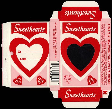 Sweethearts Conversation Hearts candies were originally made by Wisconsin's Stark Candy Company, which was founded in 1937. It was acquired in 1988 by Necco. The acquisition of Stark's Sweethearts, combined with Necco's existing Sweet Talk line of candies made Necco the leading manufacturer of candy "conversation" hearts. Classic Valentine Cards, Valentine Sweets Box Ideas, Vintage Candy Box Printable, Candy Wrapper Collage, Valentine Gifts Paper, Printable Box Aesthetic, Box Template Printable Aesthetic, Valentines Packaging Design, Heart Packaging Design