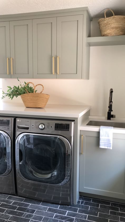 October Mist Laundry Room, Laundry Room One Wall, European Farmhouse Laundry Room, Small Laundry Room Colors, Sage Green Laundry Room, Garage Laundry Room Ideas, Laundry Room Paint Ideas, Laundry Room Inspo, Green Laundry Room