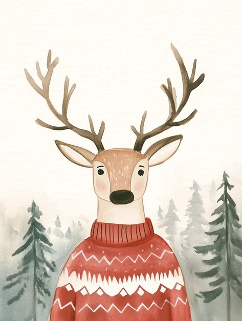 Winter Deer Illustration, Christmas Sweater Illustration, Cozy Winter Illustration, Christmas Deer Illustration, Male Deer, Red Christmas Sweater, Deer Drawing, Sweet Drawings, Deer Illustration