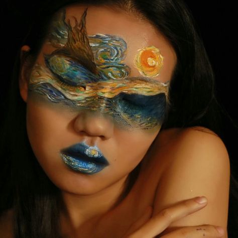 Starry Night Vincent van Gogh inspired Van Gogh Starry Night Makeup, Van Gogh And Starry Night Costume, Van Gogh Eye Makeup, Van Gogh Inspired Makeup, Starry Night Halloween Costume, Starry Night Face Paint, Starry Night Makeup Look, Face Art Makeup Paint Ideas, Starry Night Costume