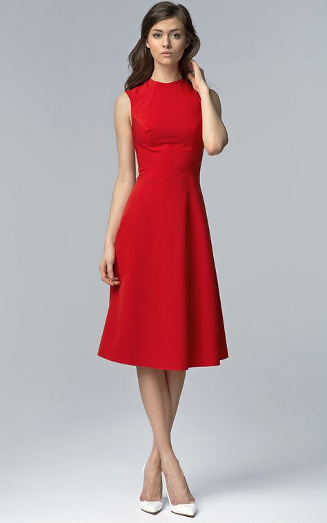 Red sleeveless flared midi dress with high neckline. Click to shop Red Dresses Classy, Chique Outfits, Little Red Dress, Red Midi Dress, Versatile Dresses, Audrey Hepburn, Trendy Dresses, Classy Outfits, Pretty Dresses