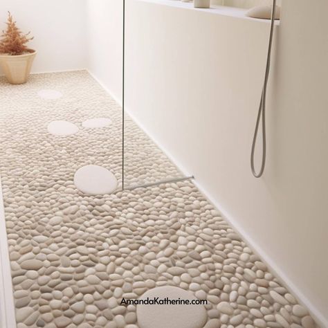 Pebble Shower Floor Pros and Cons— Is It The Right Choice For Your Bathroom? - Amanda Katherine Pebble Stone Floor Bathroom, Bathroom Floor Pebble Tile, Crazy Paver Bathroom, Showers With Rock Floors, Pebble Shower Ideas, Pebble Stone Bathroom Floor, Pebble Tiles Bathroom, River Rock Floor Bathroom, Pebble Rock Shower Floor