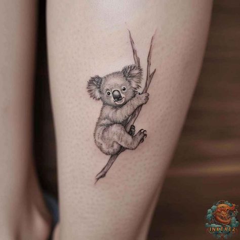 Koala-tly Adorable Ink: Exploring the Endearing World of Koala Tattoos: 104 Designs - inktat2.com Medium Animal Tattoos, Australian Animal Tattoo Sleeve, Koala Tattoo Design, Cute Koala Tattoo, Australian Animal Tattoo, Small Tattoos Animals, Koala Bear Tattoo, Koala Tattoo Ideas, Kola Tattoos