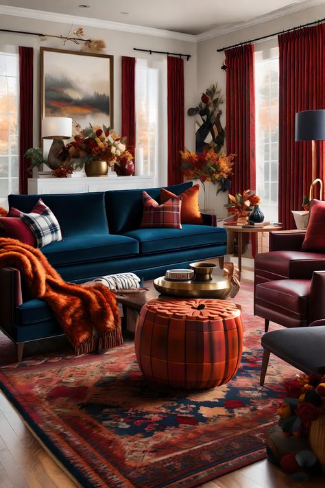 Burnt Orange Navy Living Room, Brown And Jewel Tone Living Room, Navy Red Living Room, Blue Accent Home Decor, Coral Blue Living Room, Red And Blue Living Room Decor, Blue And Maroon Living Room, Rust And Brown Living Room, Comfortable Home Decor