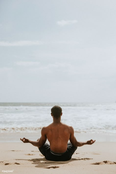 Black man meditating at the beach | premium image by rawpixel.com #photography #photos Man Meditating Photography, Men Meditation Aesthetic, Meditation Aesthetic Men, Mens Beach Photos, Mens Wellness Aesthetic, Beach Photography Men, Beach Photography Poses Men, Men In Beach, Men Beach Aesthetic