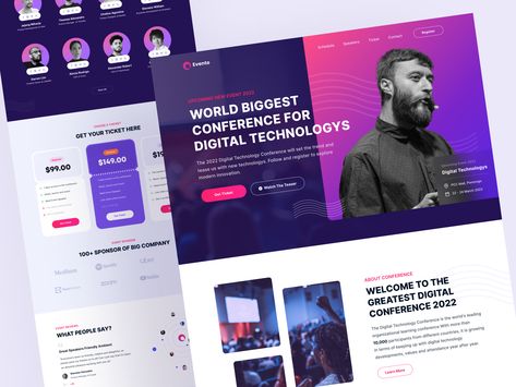 Evento - Event Conference Landing Page by Fanny Rifqi A F Event Site Design, Events Page Web Design, Conference Landing Page, Event Landing Page Design, Event Website Design Inspiration, Conference Website Design, Event Page Design, Event Website Design, Conference Website