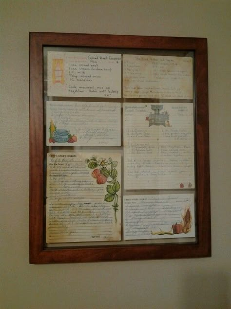 Handwritten recipes from Mom and Grandma. I used a floating frame so the back can still be read. Recipe Display, Framed Recipes, Keepsake Display, Grandma Frame, Grandma's Recipes, Kitchen Artwork, Vintage Kitchen Utensils, Handwritten Recipes, Memory Crafts