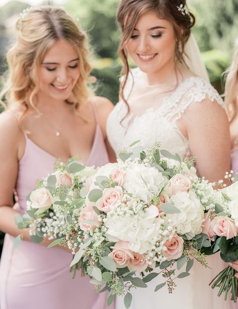 Brides Bouquet With Hydrangea, Light Pink And White Wedding Bouquet, Wedding Bouquets Bride And Bridesmaid, Light Pink And White Wedding Flowers, Roses Hydrangea Bouquet, Bride Bouquets White And Pink, White And Pink Bridal Bouquet, Green White And Blush Bouquet, Hydrangea Wedding Bouquet Pink