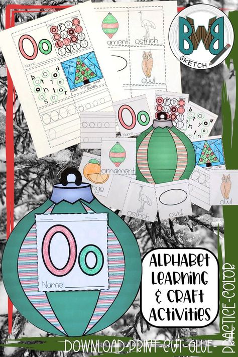 Deck the halls and make your letter lessons festive with this Letter O is for Ornament printable activity. This cute paper craft and letter O activity all in one will engage students and keep them busy. There is a color and a black & white ornament craft template included along with assembly instructions. 2 pages of mini letter activities to practice letter recognition, writing, and "O" words. The mini letter activities are cut apart and attached to the finished ornament craft. O Is For Ornament, Letter O Activity, O Activities, Letter O Activities, Ornament Printable, O Words, Ornament Craft, E Craft, Letter Activities