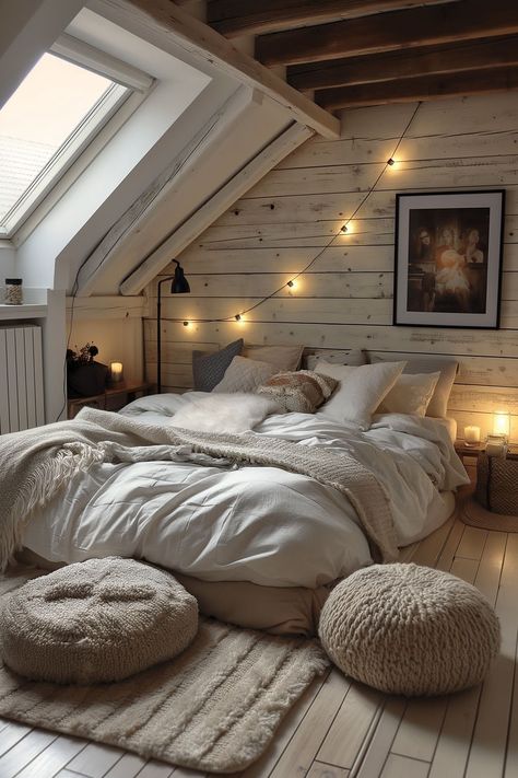 This charming attic bedroom embodies the essence of feminine elegance, adorned in a harmonious blend of pink and the wood material. Minimal Attic Bedroom, Bedroom A Frame Ceiling, Attic Bedroom Platform Bed, Attic Room Renovation, Angles Ceiling Bedroom, Attic Bedroom Window Ideas, Angle Ceiling Bedroom Ideas, Bohemian Attic Bedroom, Loft Attic Bedroom