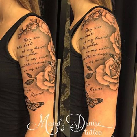 Arm Tattoos For Women Upper, Written Tattoos, Half Sleeve Tattoos For Women, Unique Half Sleeve Tattoos, Arm Sleeve Tattoos For Women, Half Sleeve Tattoos, Quarter Sleeve Tattoos, Christian Sleeve Tattoo, Feminine Tattoo Sleeves