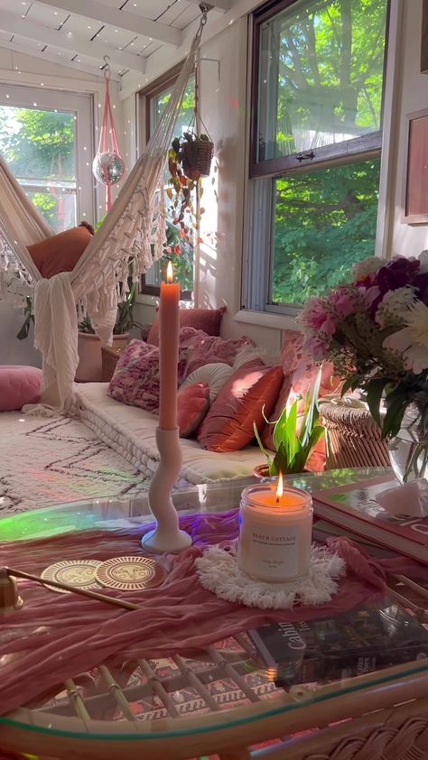 New House Decorating Ideas Boho, Pink Spiritual Aesthetic Room, Pink Boho Room Decor, Sunroom Hammock, Vibey House Aesthetic, Hammock In House, Pink Boho Apartment, 20s Room Decor, Pink Hippie Room