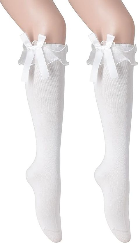 Amazon.com: SRYL Women Girl's Cotton Knee High Socks with Lace Ruffle Trim Socks, Calf Socks Bow Style (2 Pairs-white) : Clothing, Shoes & Jewelry Socks Bow, Socks With Lace, Goth Platforms, Boho Style Wedding, Bow Style, White Clothing, Ankle Socks Women, Womens Mary Janes, Ruffles Fashion