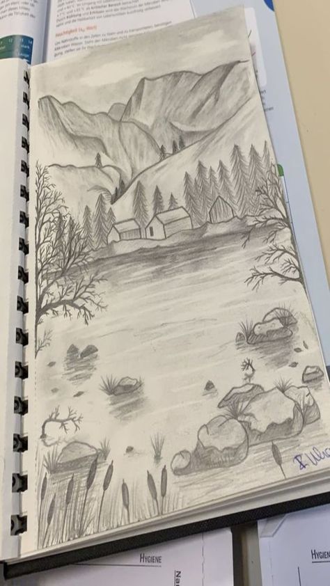 Creative Nature Drawings, Pencil Sketch Ideas Creative Beautiful, Nature Related Drawings, Drawing Nature Ideas, Nature Drawing Ideas, Landscape Pencil Drawings, Abstract Pencil Drawings, Whimsical Art Journal, Nature Art Drawings