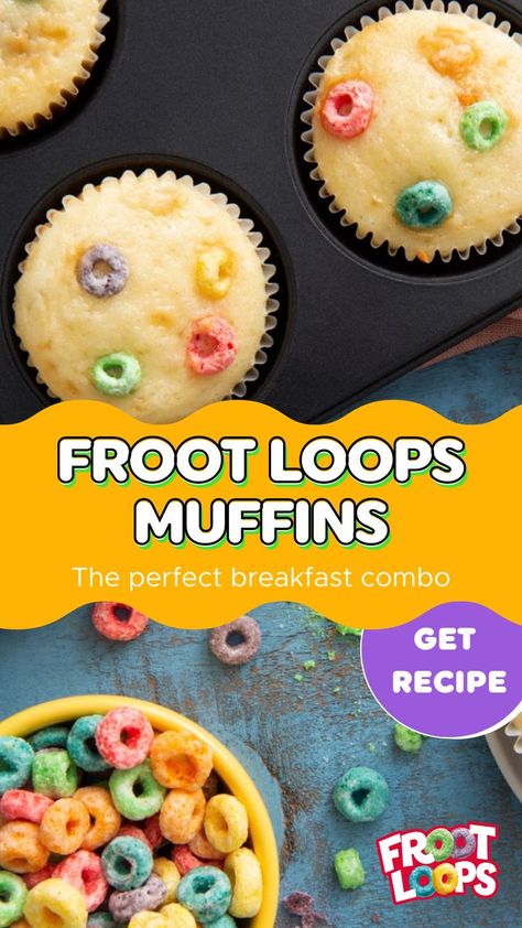 Try out this muffin recipe to brighten up your morning with Froot Loops! 1 cup all-purpose flour 1/4 cup sugar 2 1/2 teaspoons baking powder 1/4 teaspoon salt 1 egg 3/4 cup fat-free milk 2 tablespoons vegetable oil 2 cups Kellogg's® Froot Loops® cereal 1. Stir together flour, sugar, baking powder and salt. 2. In small bowl combine egg, milk and oil. Add to flour mixture. Fold in cereal. Portion evenly into twelve 2 1/2-inch muffin-pan cups 3. Bake at 375° F about 15 minutes Froot Loop Cereal Bars, Fruit Loops Cookies, Recipes Using Fruit Loops Cereal, Froot Loops Recipes, Fruit Loop Recipes, Fruit Loops Recipes, Cereal Muffins Recipes, Cereal Muffins, Cereal Desserts