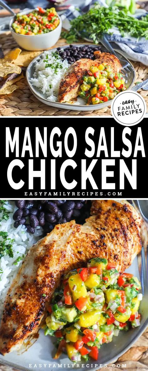 Mango Recipes For Dinner, Chicken And Mango Salsa, Salsa Easy, Mango Salsa Chicken, Easy Chicken Dinner, Chicken Dinner Recipe, Quick Family Dinners, Mango Salsa Recipes, Mango Chicken