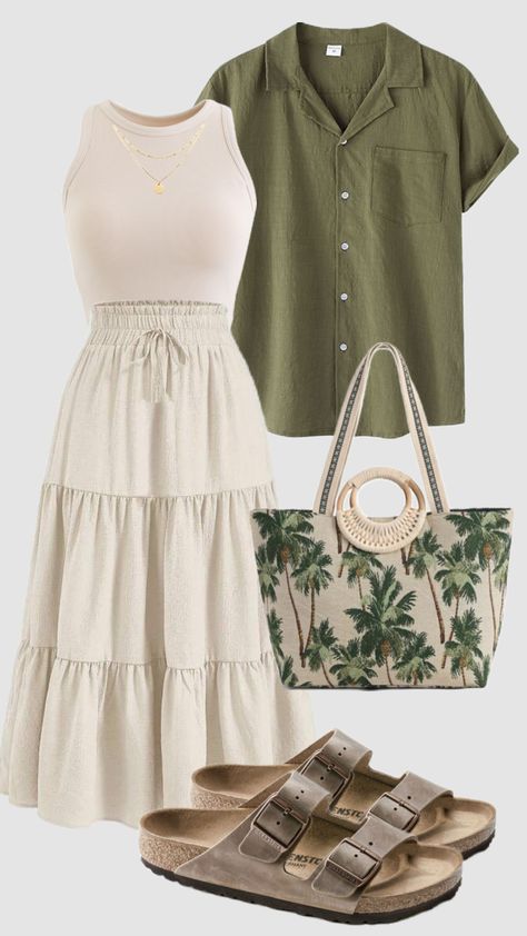 #earthy #green #greenaesthetic #granolagirl #outfit #modest #modestfashion #beach #vacationoutfits #churchoutfit #outfitinspo #skirt #birkenstocks #summer #summeroutfit Modest Coastal Outfit, Modest Beach Day Outfit, Modest Beach Outfit Aesthetic, Beach Modest Outfit, Apostolic Beach Outfits, Birkenstocks Outfits, Autumn Color Palette Fashion, Apostolic Outfit, Apostolic Outfits