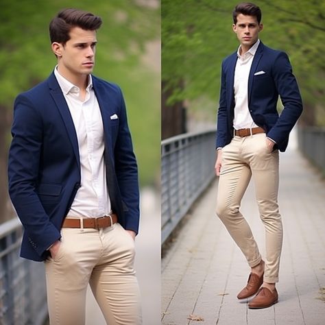 Men Blazer Outfit Formal, Semiformal Outfit Hombre, Formal Blazer Outfits Men, Outfit Pantalon Beige Hombre, Formal Wedding Guest Attire Men, Mens Blazer Style Fashion Ideas, Blazer Hombre Casual, Outfit Pantalon Beige, Hoco Outfits For Guys