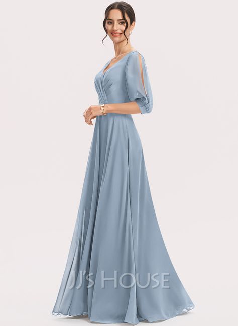 A-line V-Neck Floor-Length Chiffon Bridesmaid Dress With Ruffle (007255863) - JJ's House Bridesmaids Gowns With Sleeves, Long Green Bridesmaid Dresses, Bridesmaid Dresses Long Blue, Light Blue Bridesmaid Dresses, Light Blue Bridesmaid, Long Sleeve Bridesmaid Dress, Bridesmaid Dresses With Sleeves, Baby Blue Dresses, Blue Bridesmaid Dress