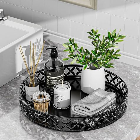 Bathroom Vanity Tray Ideas, Bathroom Counter Tray, Guest Bathroom Essentials, Bathroom Tray Decor, Tray For Bathroom, Bathroom Vanity Tray, Bathroom Counter Decor, Black Tray, Counter Decor