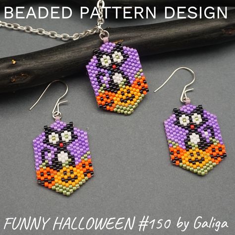 Add a touch of humor to your Halloween accessories! This delightful digital beading pattern features a playful cat peeking from a pumpkin, perfect for crafting earrings, pendants, brooches, and bag charms. Create unique, spooky-chic jewelry that's sure to turn heads this season. Ideal for both beginners and seasoned crafters looking to add some Halloween fun to their DIY projects. Earrings pattern for the use of Miyuki Delica seed beads SIZE 11 Funny Halloween cat and pumpkins #150 by Galiga PDF Halloween Brick Stitch Earrings, Seed Bead Diy, Halloween Beaded Earrings, Halloween Earrings Beaded, Halloween Beaded Jewelry, Seed Beads Diy, Cat And Pumpkin, Seed Bead Projects, Autumn Holiday