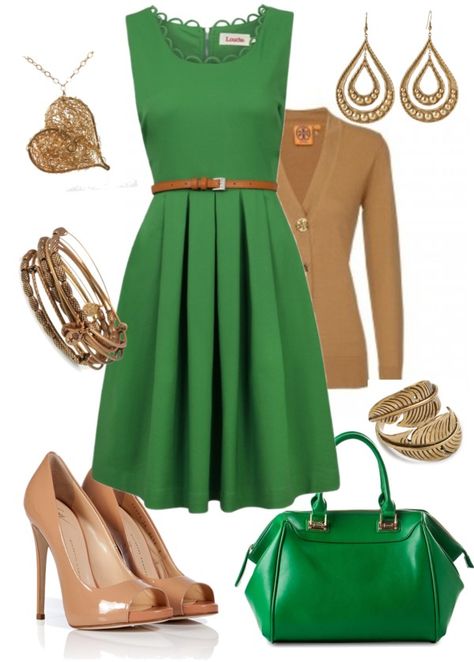 "jalapeño hint of gold" by cuttclose ❤ liked on Polyvore Luxury Green Dress Shoes For Business, Classic Green Dress Shoes For Office, Elegant Green Dress Shoes For Office, Casual Green Color Block Dress, Green V-neck Color Block Dress, Green Coat, Church Outfits, Sweaters And Leggings, Cozy Knits