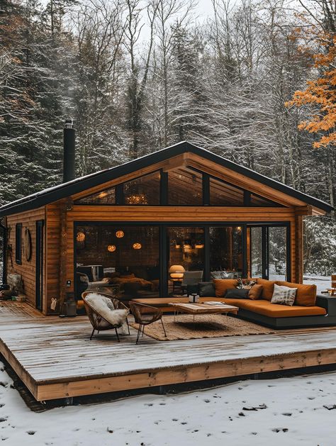 Maine Cabin Aesthetic, Stone Cabin Interior, Cozy Lake House Lakeside Cottage, Cabins And Cottages In The Woods, Small Mountain Cabin, Cottages In The Woods, Modern Cabin Plans, Cabin Build, Log Houses