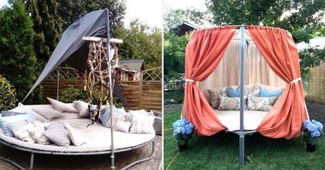 Re Purpose Trampoline, Repurposing Trampoline Ideas, Recycling Trampoline Ideas, Trampoline Transformation Ideas, How To Make A Trampoline Look Nice, Diy Trampoline Tent, Recycled Trampoline Ideas Diy, Recycle Trampoline Ideas, Diy Trampoline Cover