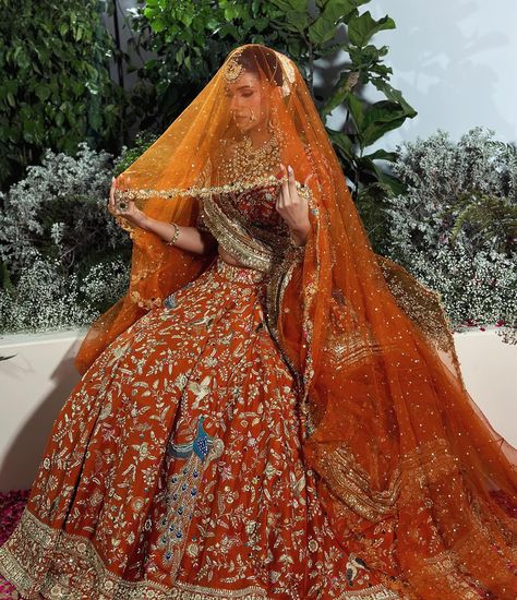 Get ready to be amazed by this stunning burnt orange bridal joda! Inspired by the beauty of lotus flowers and the magnificent peacock, this outfit is a masterpiece of intricate detailing and vibrant colours. The flying peacock motifs not only bring an element of positivity but also exude elegance. Complete with a graceful veil and a border dupatta, this ensemble is a true embodiment of grace and beauty. Style by @devampandeyofficial Jewellery @rang.mahal.jewels Orange Wedding Lehenga Indian Bridal, White Lehenga With Green Dupatta, Orange Lehenga Bridal, Orange Wedding Lehenga, Burnt Orange Lehenga, Orange Bridal Lehenga, Indian Bride Look, Engagement Clothes, Flying Peacock