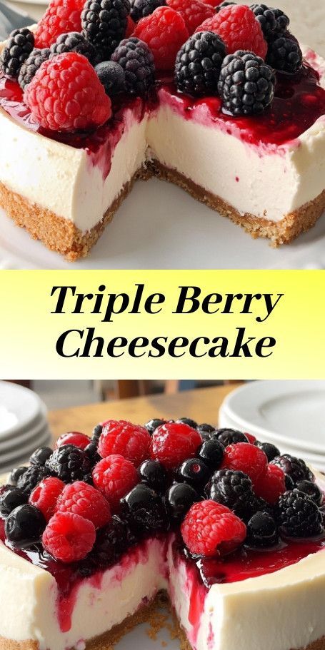 Triple Berry No-Bake Cheesecake: A delicious and refreshing dessert perfect for any occasion. Creamy and fruity with a graham cracker crust, this easy recipe will impress your family and friends without the hassle of baking. Enjoy! #NoBakeCheesecake #TripleBerry #EasyDessert Berry Topping For Cheesecake, Nobakecheesecake Recipes, Berry No Bake Cheesecake, Mixed Berry Topping For Cheesecake, Cheesecake With Berries On Top, Mix Berry Cheesecake, No Bake Berry Cheesecake Lasagna, Mixed Berry No Bake Cheesecake, Fruity Cheesecake