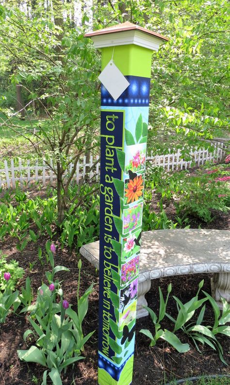 Our Believe in Tomorrow garden peace art 64" pole features beautiful watercolor flowers, vines and silhouetted hummingbirds and butterflies. The whimsical design and bright colors will add a bit of unique magic to your landscape, lawn, or garden. A beautiful solar light crown for the pole is included with your purchase Peace Pole Diy, Patio Layout Design, Peace Poles, Peace Garden, Peace Pole, Garden Totem, Wood Things, Art Pole, Painted Post