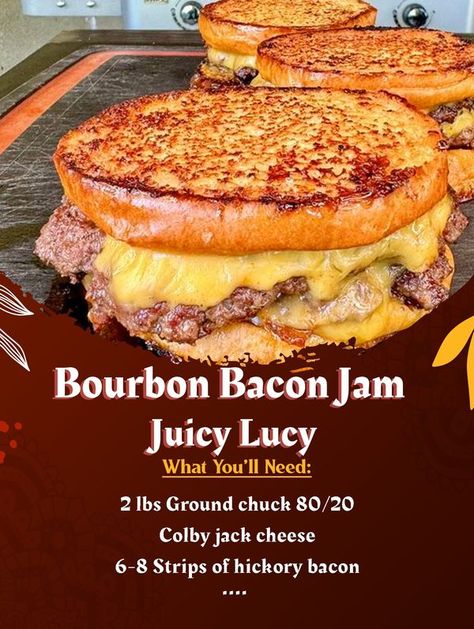 Quick Recipes Juicy Lucy Burger Recipe, Bourbon Bacon Jam, Bacon Jam Burger, Juicy Lucy Burger, Bacon Jam Recipe, Bourbon Bacon, Ground Chuck, Juicy Lucy, Grandma Cooking