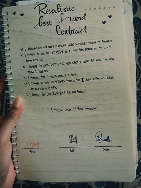 Realistic Friendship Contract, Farewell Things To Do, Realistic Best Friend Contract, Friendship Photo Album Ideas, Scrapbook Ideas For Friends Bff Birthday, Friendship Contract Ideas, Best Friend Journals, Friendship Notebook Ideas, Best Friend Notebook Ideas