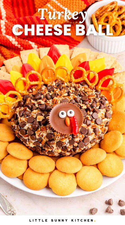 This Turkey Cheese Ball Dessert is a sweet treat made with just a handful of ingredients and a little bit of creativity. Cheese Ball Thanksgiving, Cheese Ball Dessert, Turkey Cheeseball, Bread Thanksgiving, Turkey Desserts, Dessert Cheese Ball, Turkey Cheese Ball, Cheese And Cracker Tray, Chocolate Chip Dip