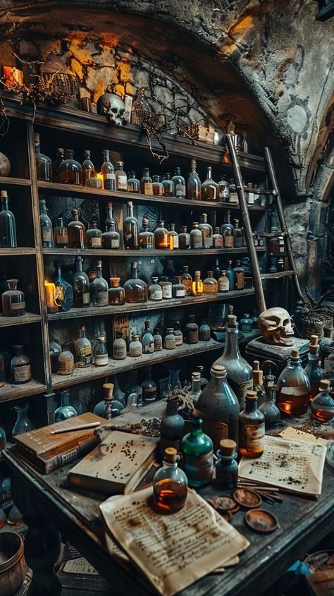 Witches Potion Station, Potions Classroom Aesthetic, Witch’s Apothecary, Apothecary Display Ideas, Fantasy Apothecary Shop, Old Apothecary Shop, Dark Apothecary Aesthetic, Outlander Apothecary, Witch Potions Aesthetic