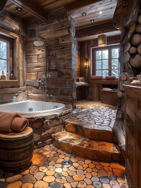 Log Houses Rustic Bathroom Designs Small Spaces, Cozy Cabin Bathroom, Tub Master Bath, Log Cabin Bathroom Ideas, Log Cabin Bathrooms, Log Cabin Bathroom, Small Space Bathroom Design, Rustic Lake Houses, Small Log Cabin