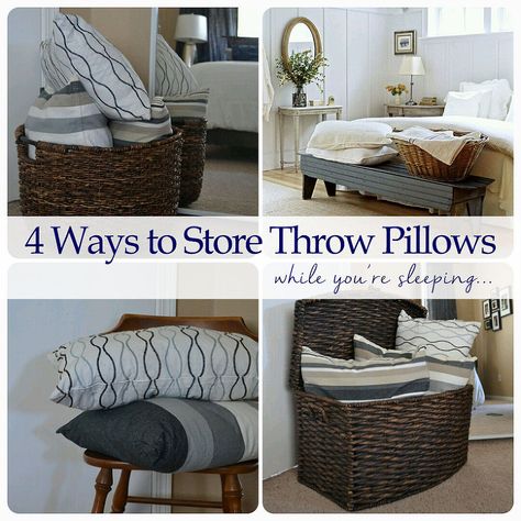 Storing Throw Pillows While You're Sleeping - Every night when I go to bed, I love walking in to this view.  A simply made bed with just a few throw pillows to… How To Wash Throw Pillows, Decorative Bed Pillows, Made Bed, Pillow Storage, Throw Pillows Bedroom, Throw Pillows Living Room, When I Go, White Throw Pillows, Master Decor