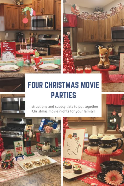 Christmas Family Movie Night Ideas, Rudolph Dinner And A Movie, Christmas Movie Night Themes, Themed Christmas Movie Night, Rudolph Movie Night Food, Holiday Movie Party, Elf Movie Themed Dinner, Christmas Movie Party Theme, Christmas Themed Movie Night Ideas