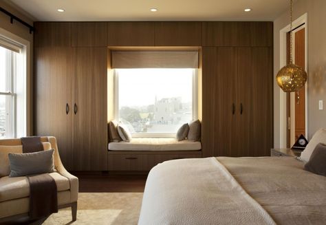 Pacific Heights Penthouse by De Meza + Architecture | HomeDSGN. I would love this idea in my bedroom, especially the window seat. Penthouse Modern, Window Seat Design, Bedroom Wardrobe Design, Bedroom With Sitting Area, Build A Closet, Wardrobe Design Bedroom, Bedroom Windows, Bedroom Wardrobe, Bedroom Furniture Design