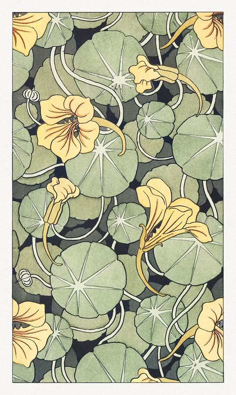 Art nouveau nasturtium flower pattern design resource | premium image by rawpixel.com Art Nouveau Flowers Illustration, Art Nouveau Graphic Design, Fiori Art Deco, Nasturtium Flower, Tile Flower, Fleurs Art Nouveau, Motifs Art Nouveau, Different Drawing Styles, Design Art Nouveau