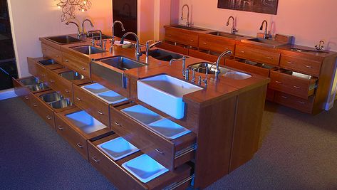 Sink display. Kitchen Sink Display Showroom, Sink Display Showroom, Kitchen Sink Display, Sink Showroom, Granite Showroom, Showroom Ideas, Showroom Decor, Bathroom Showrooms, Kitchen Showroom