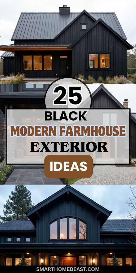 An image showcasing diverse black modern farmhouse exterior inspiration, highlighting elegant design elements like rustic patios, sleek porches, inviting entryways, and beautifully landscaped outdoor areas. Each design combines cozy farmhouse charm with modern sophistication for striking curb appeal. All Black House Exterior Farmhouse, Front Door On Black House, Black Metal Barndominium Exterior, Metal Accents On Exterior, Black House Exterior Lighting, Black White And Cedar House Exterior, Black Painted Exterior Brick, White And Black Board And Batten Exterior, Modern Farmhouse Exterior Makeover