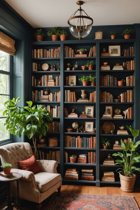 25 Dark Cottagecore Bedroom Ideas – ToolzView Dark Cottage Core Library, Deep Green Bookshelves, Rustic Library Room Ideas, Dark Green Moody Library, Plant Shelf Decorating Ideas, Home Library Two Story, Modern Dark House Interior, Built On Bookshelves, Built In Bookshelves Color Ideas