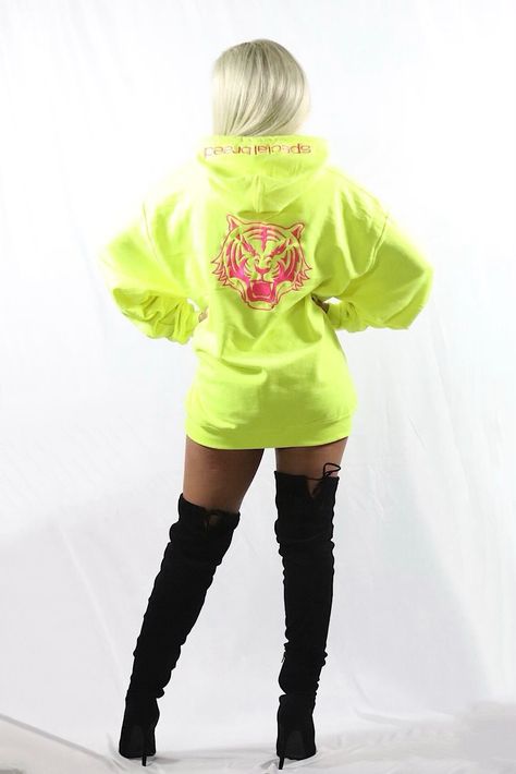 Neon Yellow Hoodie with Neon Pink Logo Neon Hoodie, Kid Core Aesthetic, Yellow Decor, Yellow Hoodie, + Core + Aesthetic, Kid Core, Pink Logo, Pink Fabric, Neon Yellow