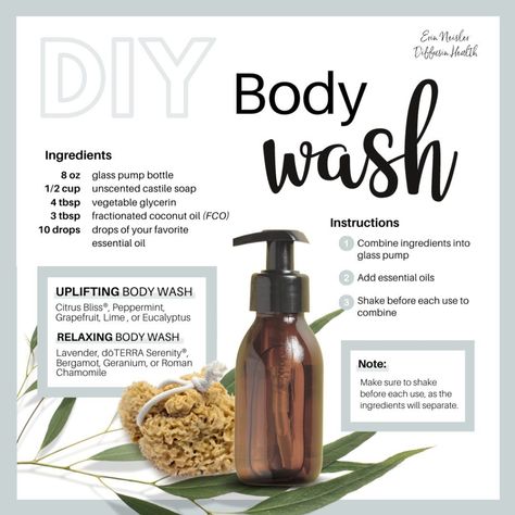 Body Wash Recipe, Diy Body Wash, Homemade Body Wash, Doterra Recipes, Homemade Body Care, Oil Body Wash, Castile Soap, Pump Bottle, Eucalyptus Essential Oil