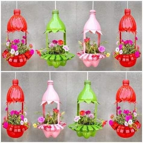 Plastic Bottle Crafts Flowers, Bottles Decoration Diy, Plastic Bottle Crafts Diy, Plastic Bottle Flowers, Plastic Bottle Art, Paper Flower Art, Japan Garden, Hanging Flower Pots, Flower Pot Crafts