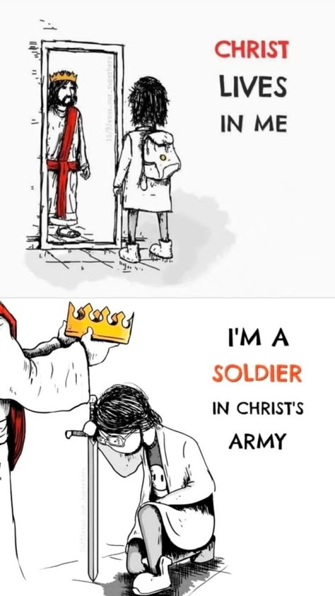 “My old self has been crucified with Christ. It is no longer I who live, but Christ lives in me. So I live in this earthly body by trusting in the Son of God, who loved me and gave himself for me.” —Galatians 2:20 (NLT) “Join with me in suffering, like a good soldier of Christ Jesus. No one serving as a soldier gets entangled in civilian affairs, but rather tries to please his commanding officer.” —2 Timothy 2:3‭-‬4 (NIV) “Overcome every form of evil as a victorious soldier o Jesus Fathers Day, Praising Jesus, Jesus Saved Me, Jesus I Need You, Jesus Coming Back, Jesus Is Coming Back, You Need Jesus, Jesus Is Coming Soon, Christ Is King