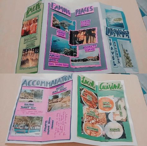 School Project Brochure Ideas, Lakshadweep Travel Brochure, Brochure Design Diy, Sikkim Brochure Handmade, Travel Broucher Handmade, Brochure Design Ideas Creative, Brocher Design Aesthetic, Sikkim Travel Brochure, How To Make Travel Brochure